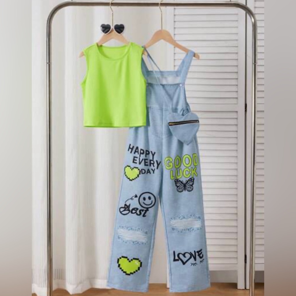 SHEIN 2pcs Tween Girl Casual Denim Effect Suspender Pants And Tank Top Set